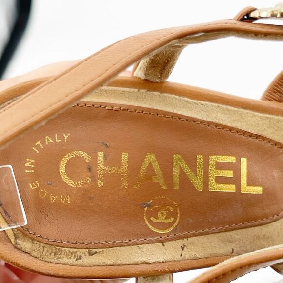 Chanel EU 37 2012 Cruise Tan Leather Camellia Flower T-Strap Cork Wedge Sandals - Picture 12 of 16